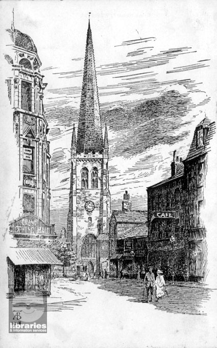 A black and white postcard of an engraving of Cross Square, Wakefield, by T.A.B., an unknown artist, 1918. The etching was dome in 1918 and shows Cross Square looking at the Cathedral.  A clothing hall can be seen to the left in the foreground and there is a cafe further down to the right.  People are walking around the square.  Internal Reference: Private Collection 