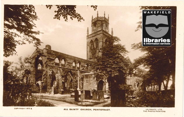 A black and white postcard of All Saints Church, Pontefract. Internal Ref: PO
