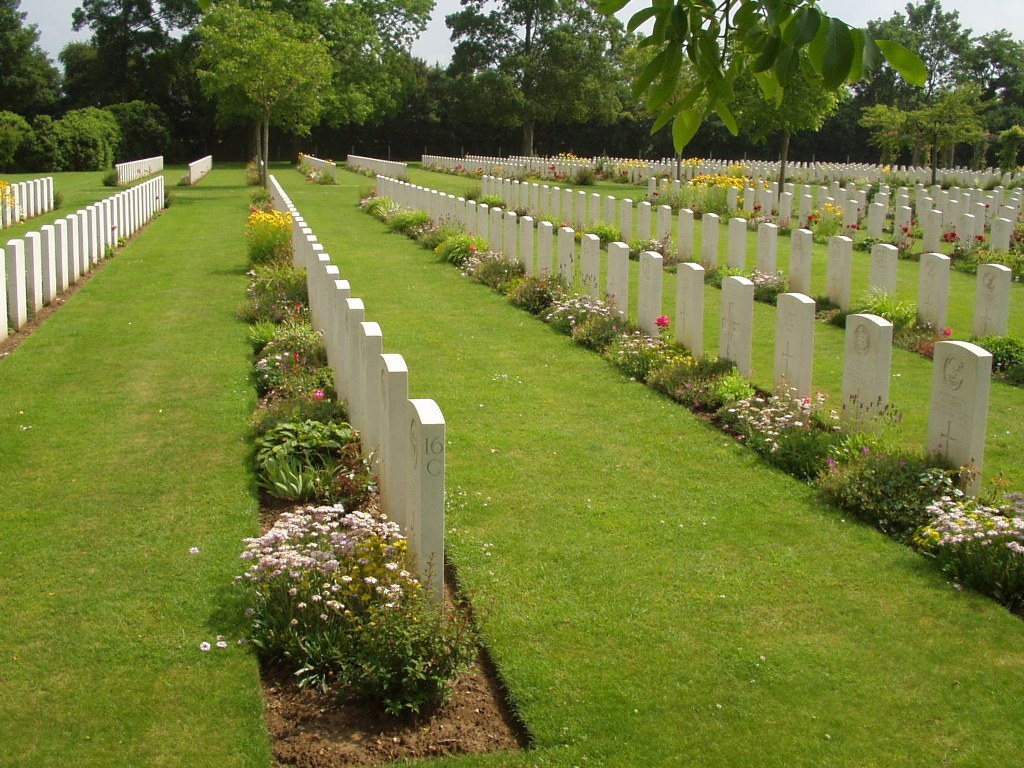 Photo of Banneville-la-Campagne War Cemetery. Rows of white  headstones with a line of plants and grass between each row. Trees in the background.