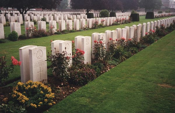 Photo of Cite Bonjean Military Cemetery. Rows of double lined headstones surrounded by plants with grass strips between rows.