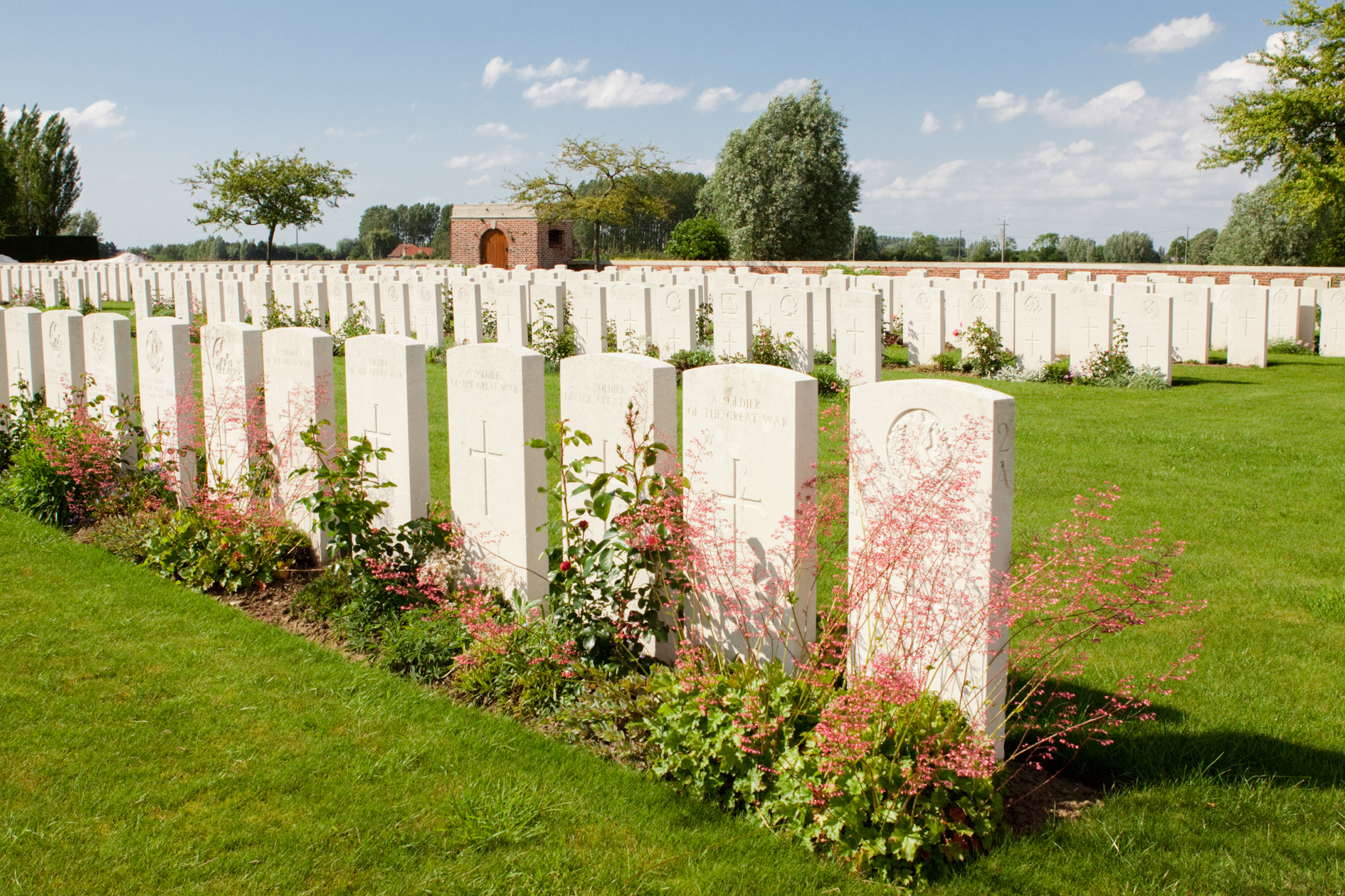 Photo of Rue Petillon Military Cemetery. Rows of white head stones with plants in front.