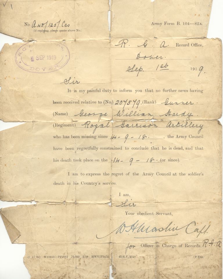 Letter notifying his next of kin that George William Hardy had died    dyy
