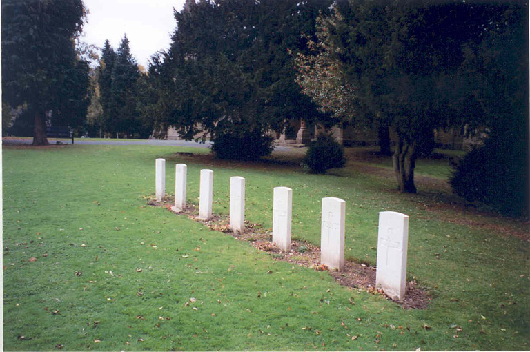 A row of white graves stand in a line in the grass