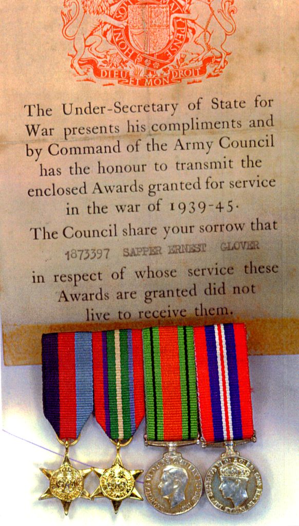 Ernest Glover's medals and official letter
