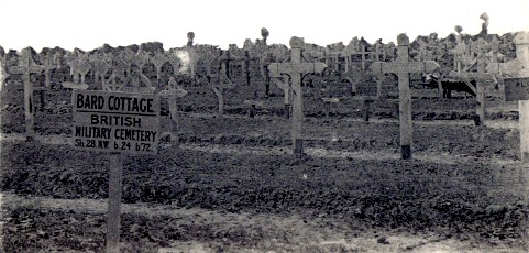 Black and white photograph of Bard Cottage Cemetery with rows of crosses