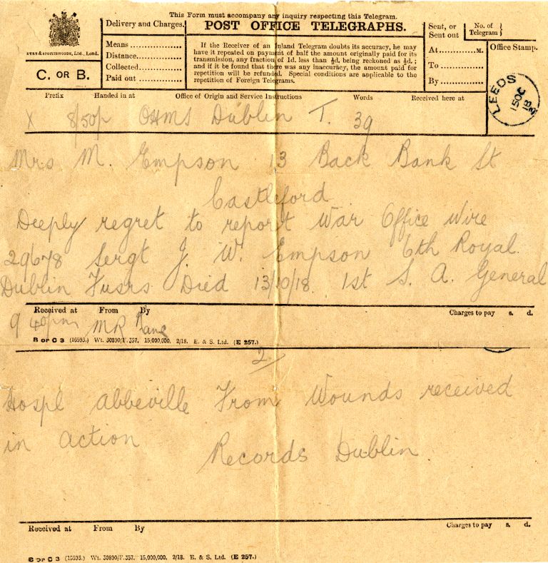 Official telegram informing the family that Joshua had died