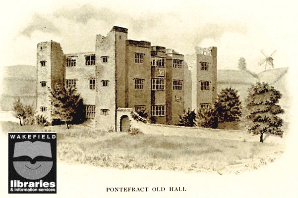 A black and white postcard of a drawing of New Hall, Pontefract with a windmill in the background. Internal Ref: PO
