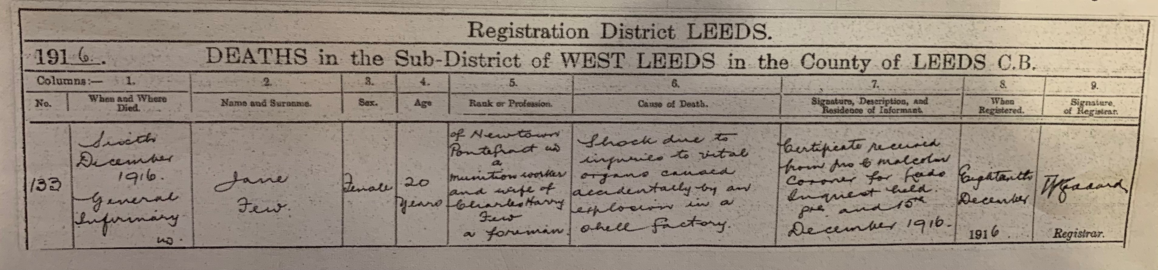 The death certificate for Jane Few