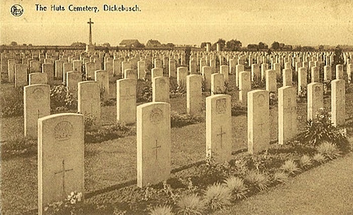 Sepia photograph of The Huts Cemetery with rows of gravestones
