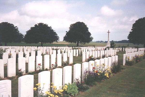 Photograph of Rocquigny-Equancourt Road British Cemetery with rows of gravestones