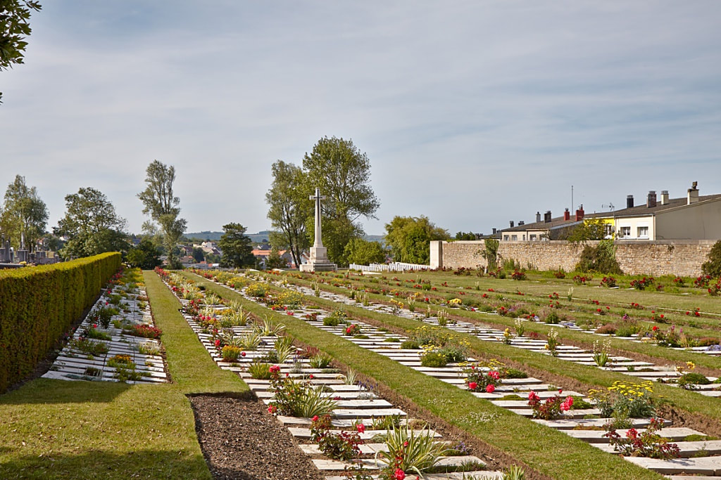 Boulogne Eastern Cemetery with rows of gravestones laid flat into the ground