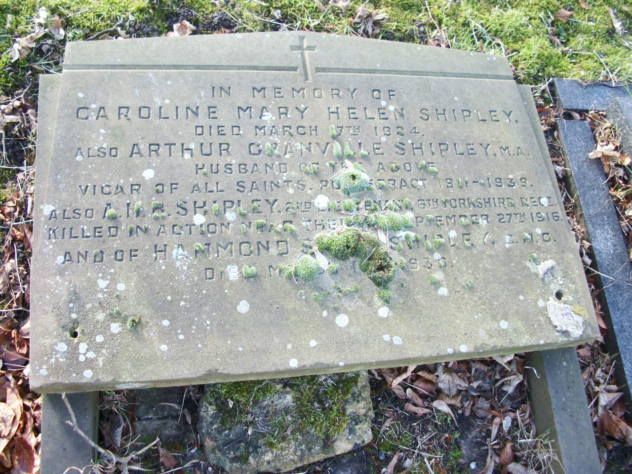close up of his fathers headstone in pontefract cemetery which also gives young arthur's name