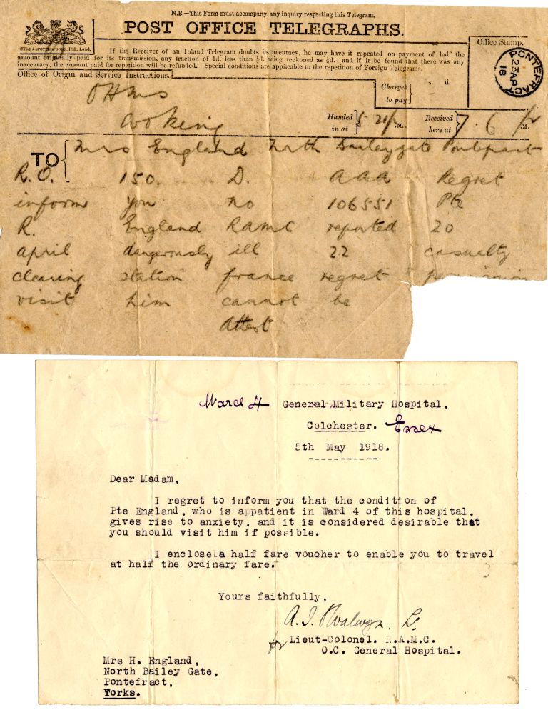 Telegram to his mother informing her of his injury and also a letter asking that she visit him soon