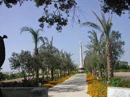 a gravel path leads to a white column, the path is lined with date palms
